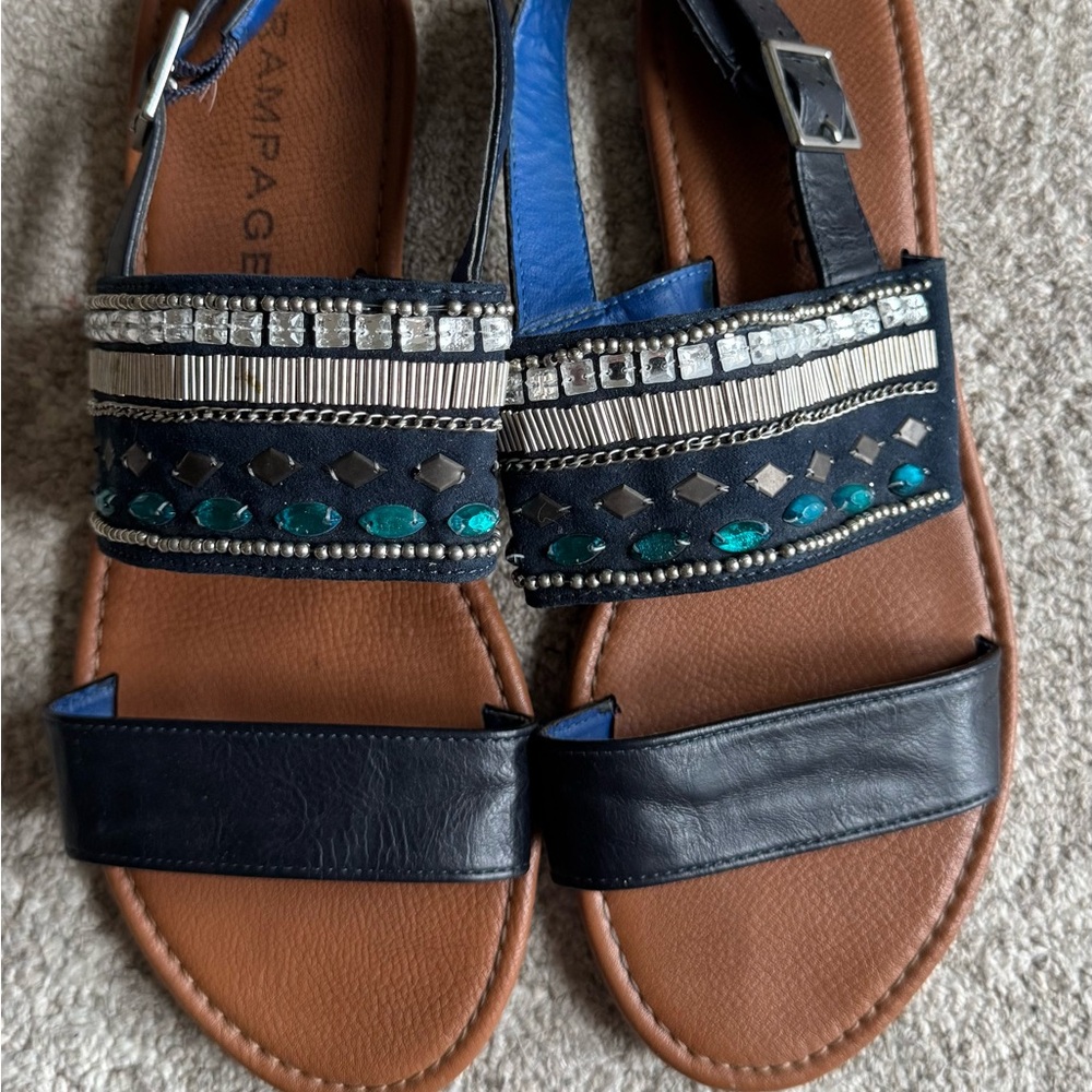 Rampage Navy and Blue Studded Boho Bohemian Strap Comfy Summer Sandals, Size 9